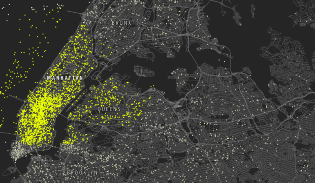 Manhattan, NY – Each yellow dot represents one selfie taken over the course of a ten-day period