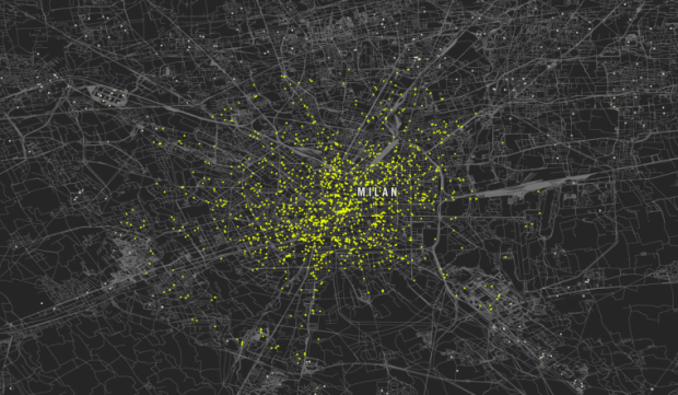 Milan, Italy – Each yellow dot represents one selfie taken over the course of a ten-day period