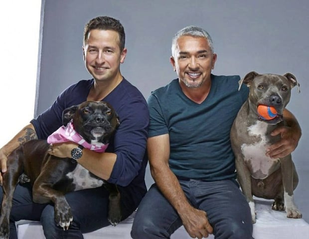 Sonders with Cesar Millan, Emma, and Junior.  Shot by Sonders' shoot assistant, Jonathan Taylor.
