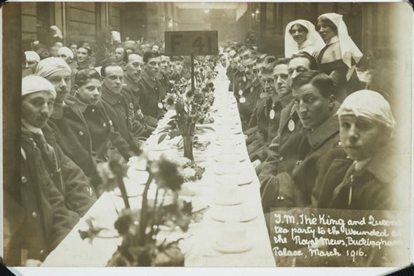 King George V and Queen Mary host a tea party for wounded soldie