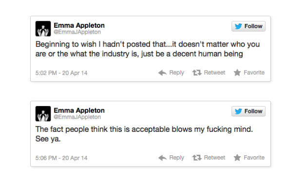 A screen cap of two tweets posted by Appleton after sharing the initial screen cap (seen above).