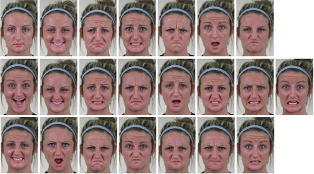 22 different emotional facial expressions. The first one in the upper left is "neutral."