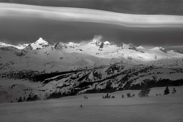A Sierra wave cloud hangs over Rodgers Peak, left, and Mount Lyell.