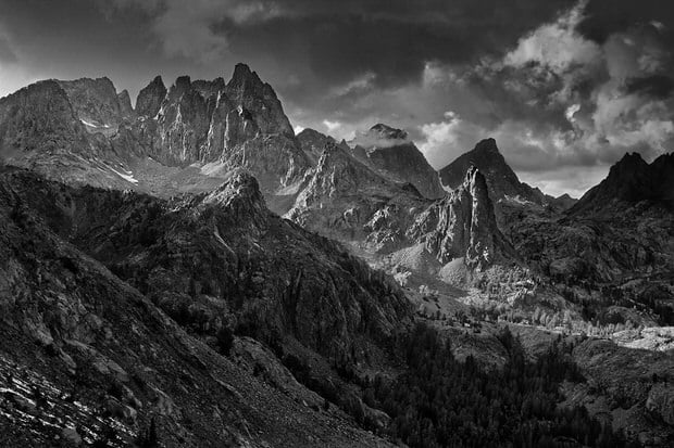 Photographed from Nancy Pass, afternoon clouds form behind the Minarets.
