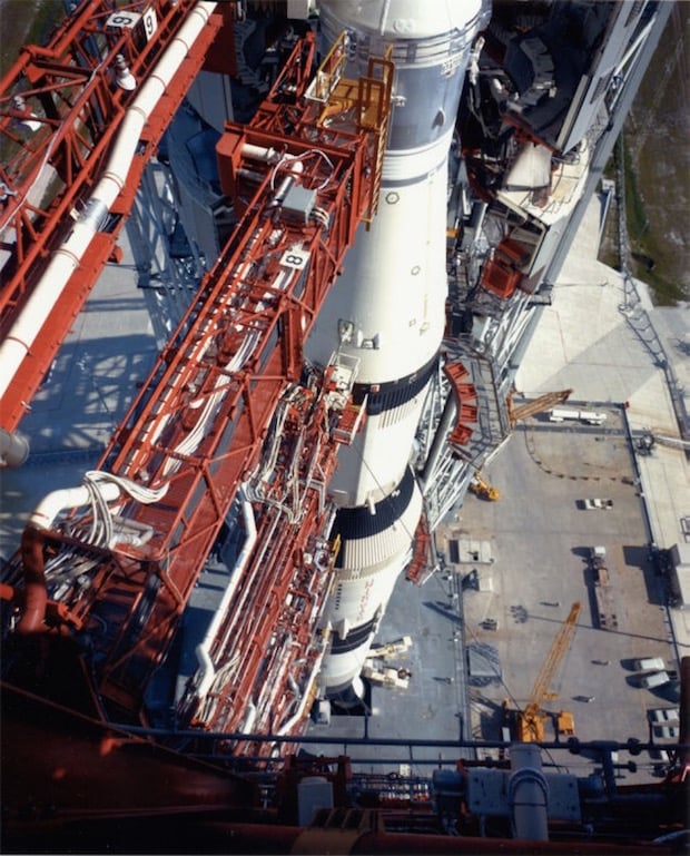 Apollo 11 and Saturn V as seen from atop the launch tower.
