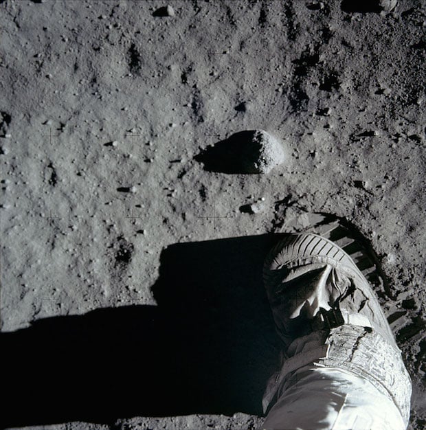 Buzz Aldrin's bootprint in the lunar soil.