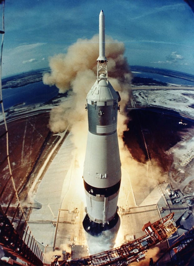 Apollo 11 liftoff as viewed by a launch tower camera.