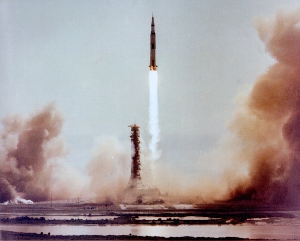 Moonbound Apollo 11 clears the launch tower.