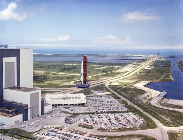 Saturn V, the space vehicle used for the Apollo 11 mission is rolled down the 3.5 mile crawlerway to Launch Complex 39A.