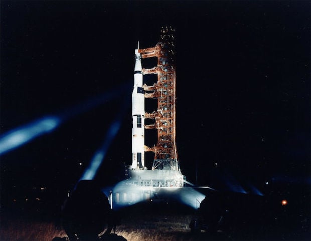 Searchlights shine onto the Apollo 11 space vehicle at Launch Complex 39A during a Countdown Demonstration Test.