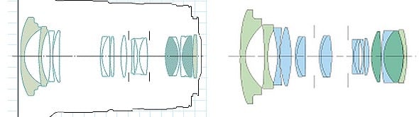 Lens diagram of Canon 16-35 f/2.8 Mk II (left) and 16-35mm f/4 IS (right)