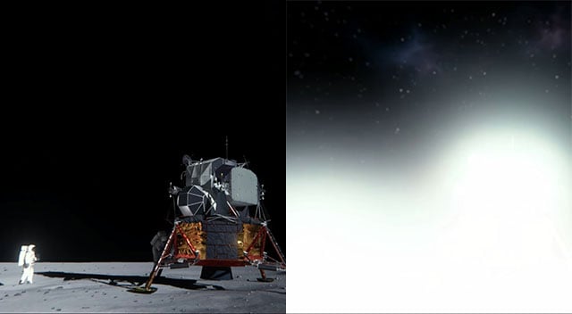 A recreation of a NASA photo (left) and a look at what the scene would have looked like had the camera been set to expose for the stars instead of the moon (right)