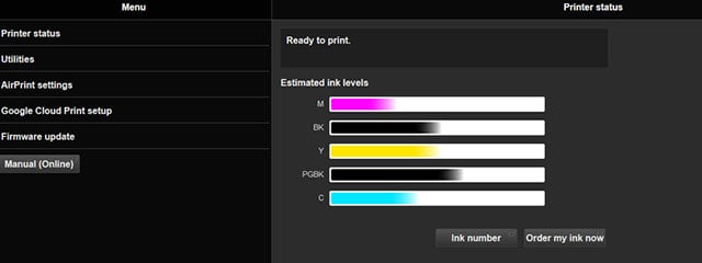 A screenshot of the Web interface on a particular Pixma printer.