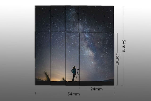 We can nearly match the image area of a 6×6 medium format camera by making a stitch of 2 rows of 4 images from a full-frame (36mm x 24mm) camera.