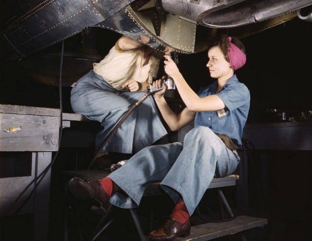 Women working on a bomber, Douglas Aircraft Company in Long Beach, CA 1942.