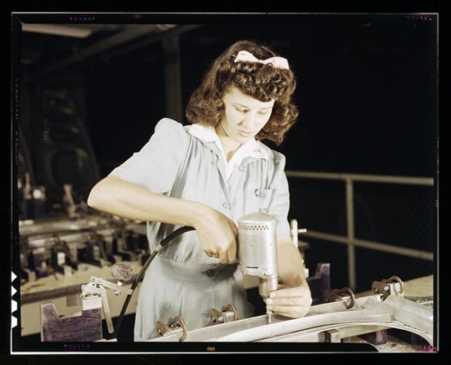 Drilling a wing bulkhead for a transport plane, Consolidated Aircraft Corporation in Texas 1942.