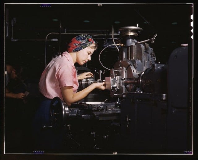 A woman working as a shop technician at the Douglas Aircraft Company plant in Long Beach, 1942.