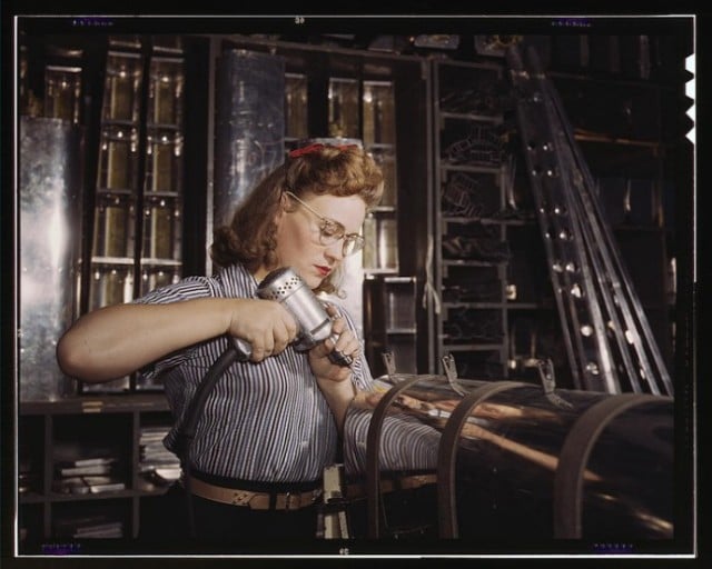 Assembling a section of leading edge for the horizontal stabilizer of a plane, North American Aviation, Inc. in Inglewood, California, 1942.