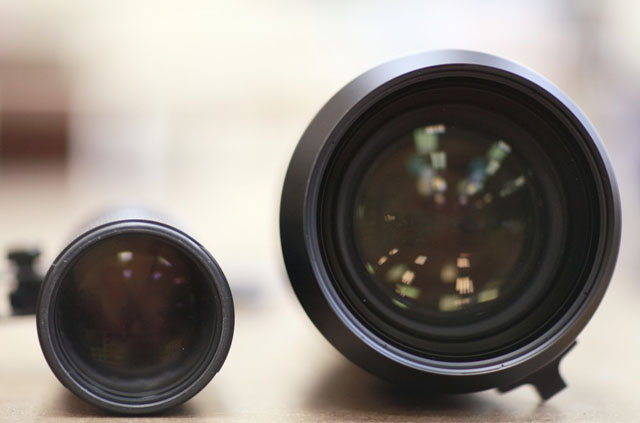 Front element of the Fuji (right) and a Nikon 70-200 f/2.8 VR II (left)