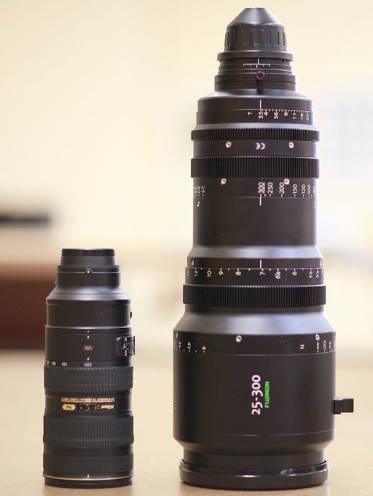 The Fujinon 35-300mm next to a Nikon 70-200 f/2.8 VR II