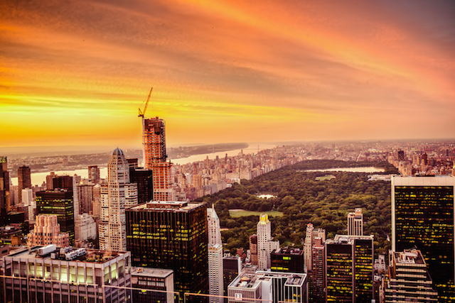 new york city skyline and central park - sunset