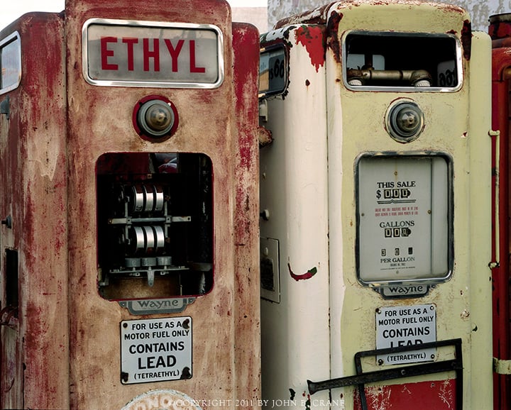 Antique gas pumps along the old Lincoln Highway, Pine Bluffs, Wyoming.