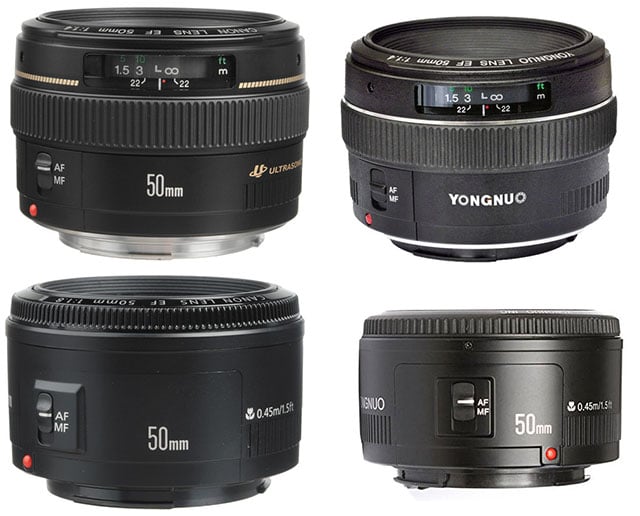 Canon 50mm lenses on the left (f/1.4 and f/1.8) and their Yongnuo 50mm clones to their right.