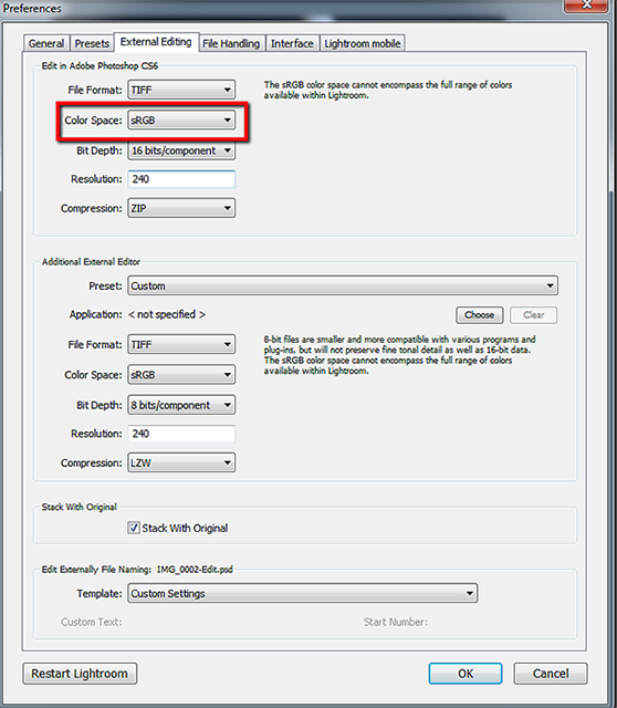 In Lightroom go to Edit->Preferences->External Editing and you should see your color space there