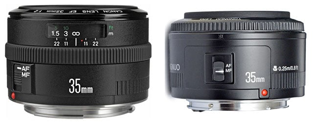 Canon 35mm f/2 (left) compared to the upcoming Yongnuo clone (right)