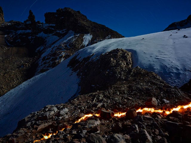 The flame line shows the Lewis Glacier's location in 2004. In this location it has since receded about 110m.