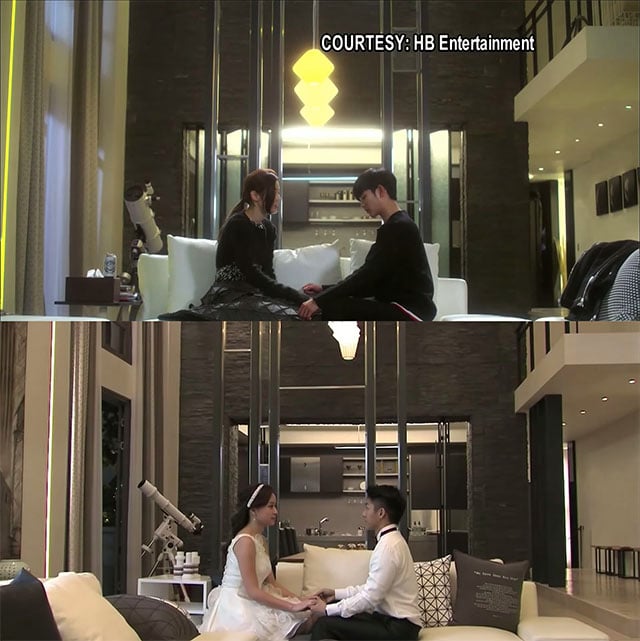 A still frame from My Love From the Star (above) and one couple's recreation of the shot (below).
