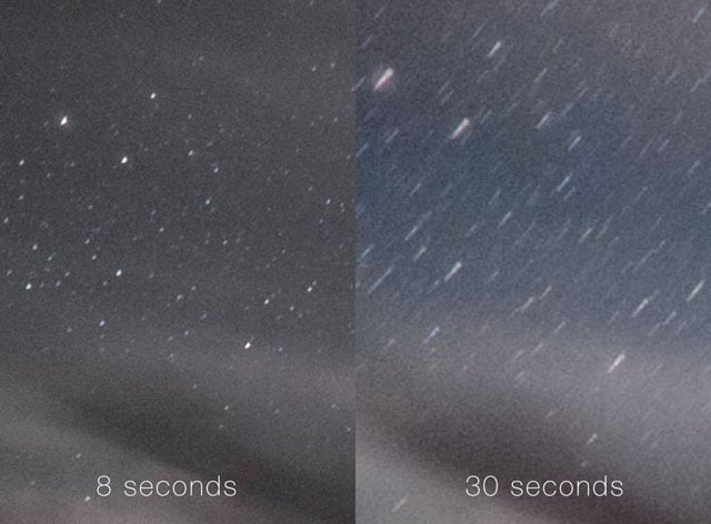 With a standard (50mm) lens, an 8-10 second exposure will reduce star trails.