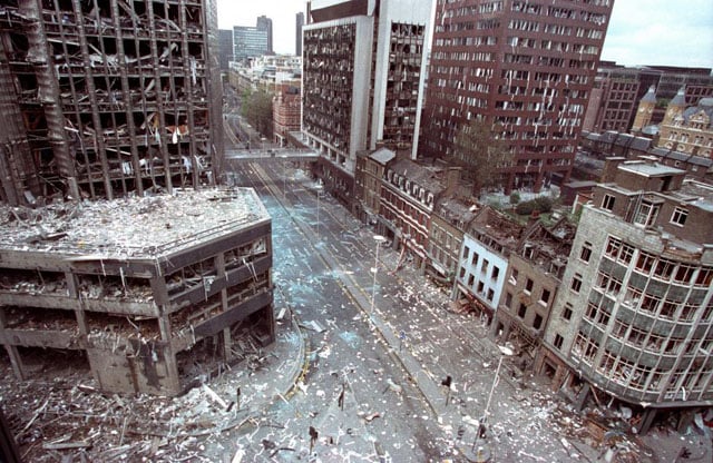 The bomb damaged area of the City of London, after two blasts ripped through the buildings in the area,April 24, 1993. Dozens of people were injured in the blast caused by IRA bombs. Andre Camara.
