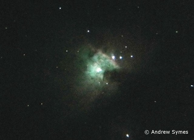 Single frame of the Orion Nebula taken with the NightCap app and brightened using the Camera+ app.