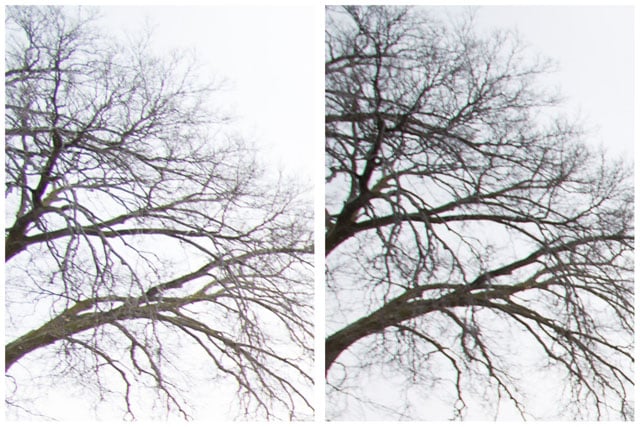 (LEFT) 14mm F2.8L vs (RIGHT) 11-24mm F4L So, on closer inspection, the 14mm seems to be much sharper, but the 11-24 has less pink fringing. This is a tight crop of the very top left corner of the lens.