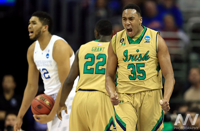 Notre Dame Fighting Irish forward Bonzie Colson (35) reacts during the first half against the Kentucky Wildcats in the finals of the midwest regional of the 2015 NCAA Tournament at Quicken Loans Arena.