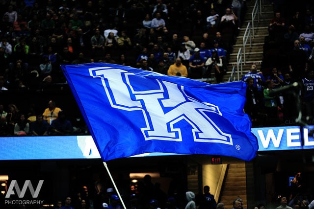 Kentucky Wildcats flag prior to the game against the Notre Dame Fighting Irish in the finals of the midwest regional of the 2015 NCAA Tournament at Quicken Loans Arena.