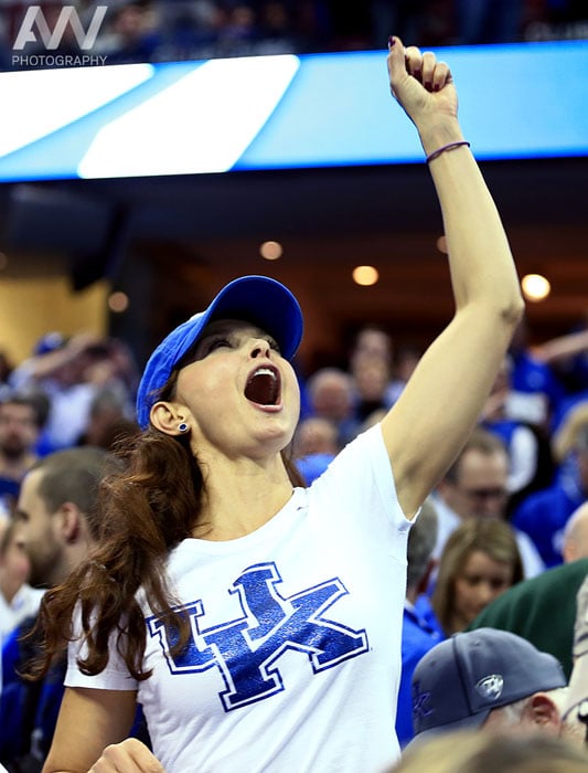 Movie actress Ashley Judd celebrates after defeating the Notre Dame Fighting Irish in the finals of the midwest regional of the 2015 NCAA Tournament at Quicken Loans Arena. Kentucky won 68-66.