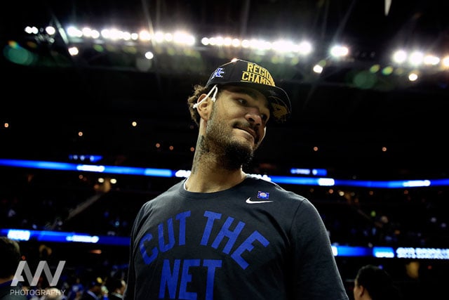 Kentucky Wildcats forward Willie Cauley-Stein (15) after cutting the net after the game against the Notre Dame Fighting Irish in the finals of the midwest regional of the 2015 NCAA Tournament at Quicken Loans Arena. Kentucky won 68-66.