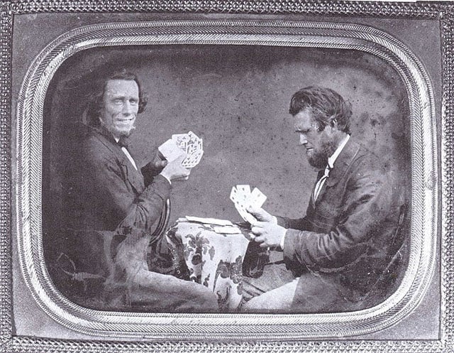 Ambrotype self-portrait of Isaac Wallace Baker playing cards, c. 1853 [#]