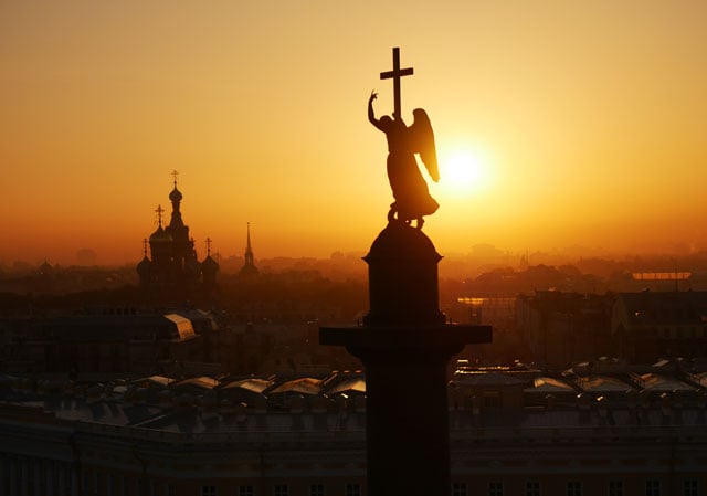 The angel atop the Alexander column in Saint Petersburg, Russia. Built after Russia’s victory over Napoleon, the column's 600-ton granite trunk was tipped into place by 2,000 soldiers. It balances without any attachment to its base.