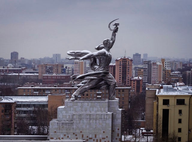 Worker and Kolkhoz Woman striding into the future that was built for the soviet pavilion of the 1937 world fair in Paris. The steel masterwork now stands in the suburbs of northern Moscow.