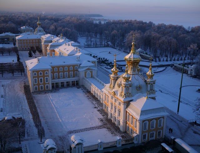 The Palace at Petergof, perched on a bluff overlooking the sea some 30km (19mi) from central Saint Petersburg. In his later years Peter the Great kept a study in the palace from where he could look out to the distant spires of Saint Petersburg, and the island fortress of Kronstadt guarding his new capital.