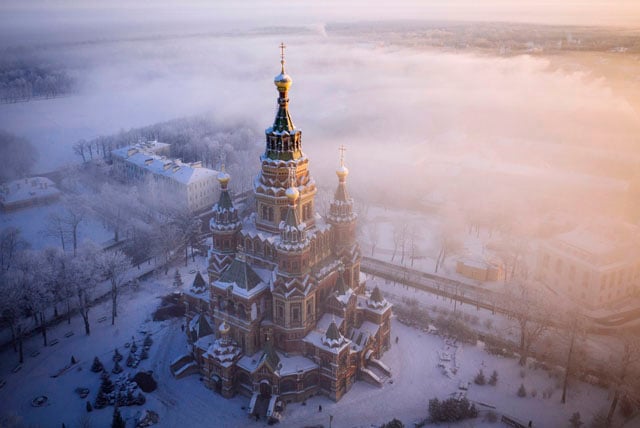 The Peter and Paul Cathedral in Peterhof, in Saint Petersburg, Russia, rising through winter mist.