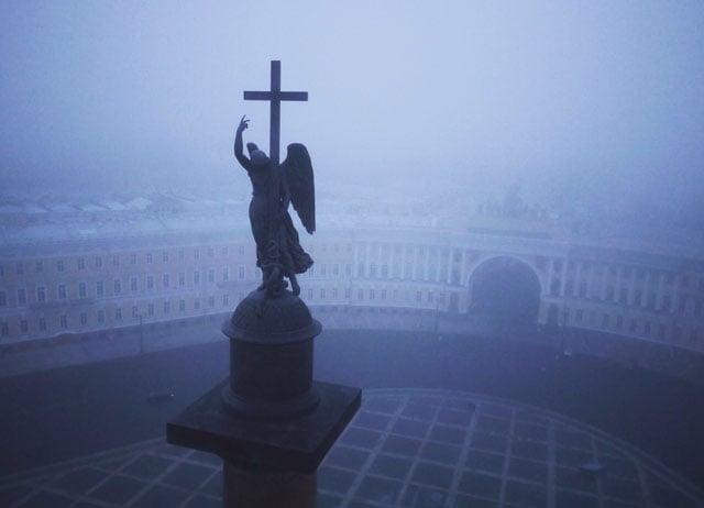 The angel atop the Alexander column. Built after Russia’s victory over Napoleon, the column's 600 ton granite trunk was tipped into place by 2,000 soldiers. It balances without any attachment to its base.