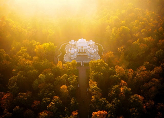 The Hermitage Pavilion wreathed in dawn mist. The little “whipped cream” pavilion was an example of the decadence which would eventually topple the Tsarist autocracy. It was famous for parties where tables laden with food would rise from beneath the floorboards into groups of delighted guests. 