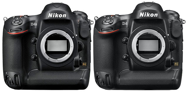 A Nikon D4S (left) next to a Nikon D4 (right)