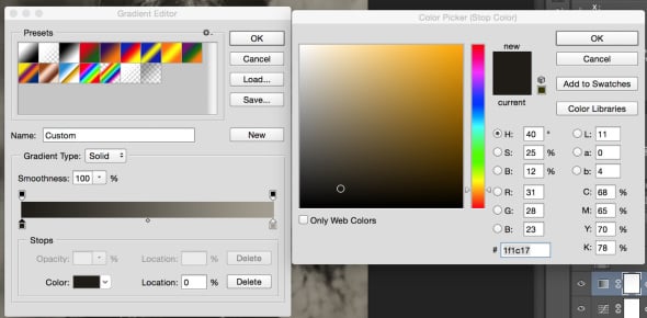 The gradient bar has two little squares at each of its ends. Click on the lower square on the left side of the gradient bar then click the ‘Color’ drop down to bring up the Color Picker for your black point. I used the RGB values of 31, 28, and 23. Click ok to close the Color Picker.