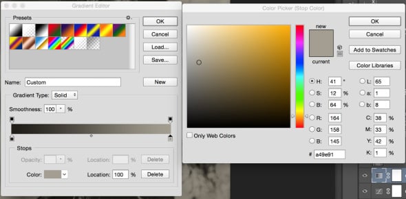 Now, click on the lower square on the right side of the gradient bar then click the ‘Color’ drop down to bring up the Color Picker for your white point. I used the RGB values of 164, 158, and 145. Click ok to close the Color Picker.