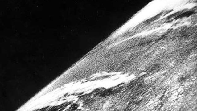 A photo captured by the V-2 rocket showing Earth in black and white